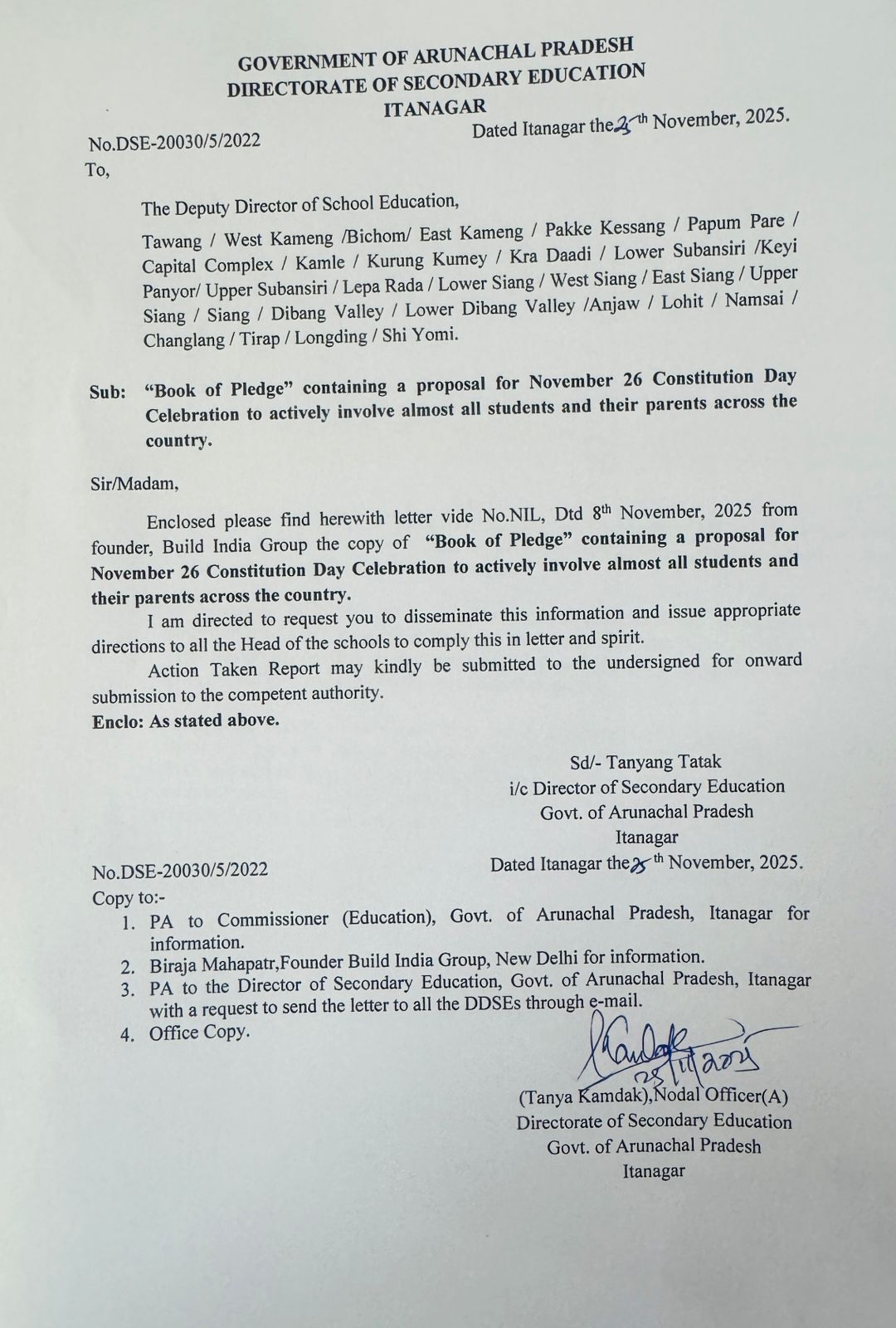 Letter From Director Of Education, Arunachal Pradesh